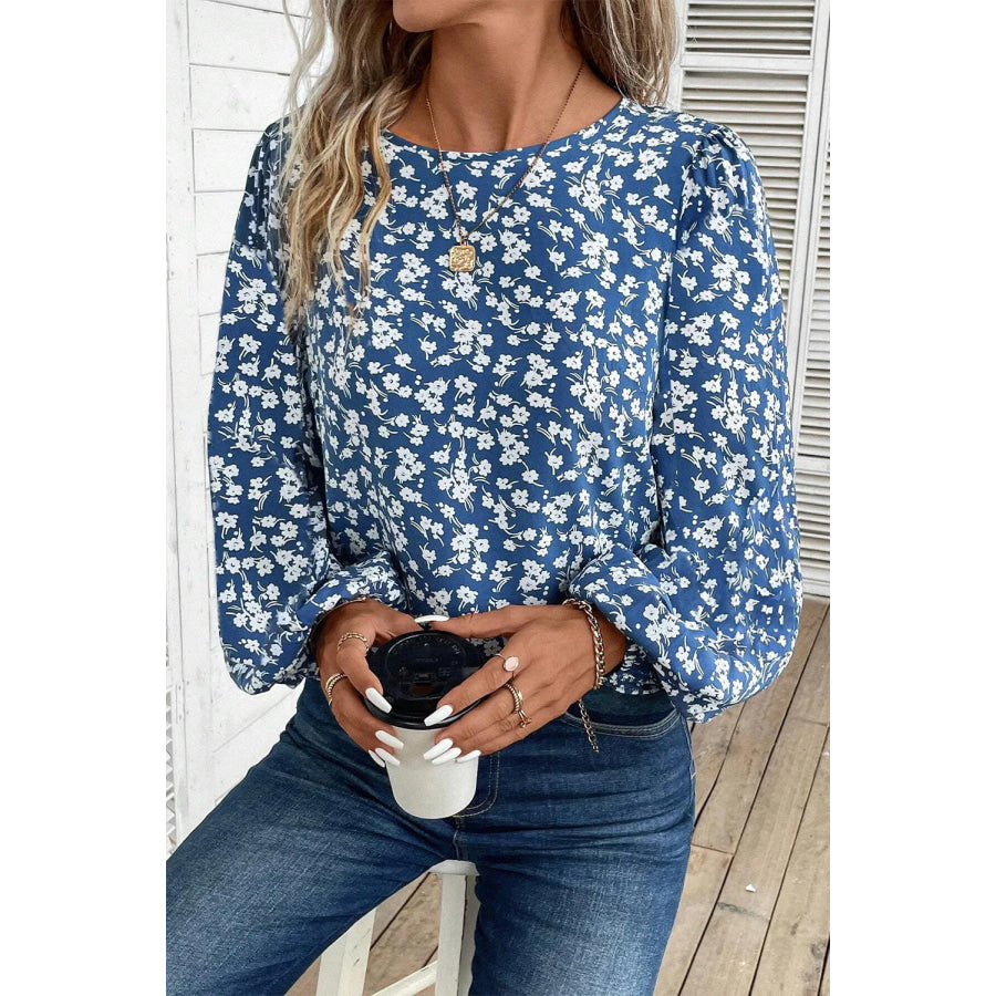 Printed Round Neck Balloon Sleeve Blouse Peacock Blue / S Apparel and Accessories