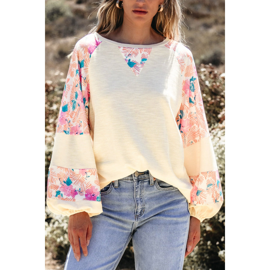 Printed Round Neck Balloon Sleeve Sweatshirt Ivory / S Apparel and Accessories