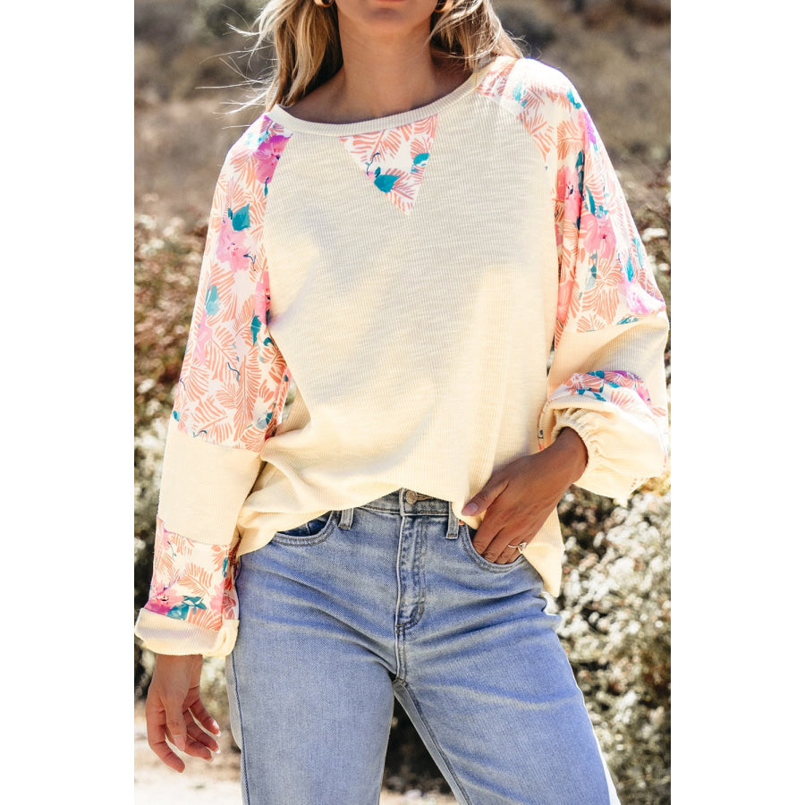 Printed Round Neck Balloon Sleeve Sweatshirt Ivory / S Apparel and Accessories