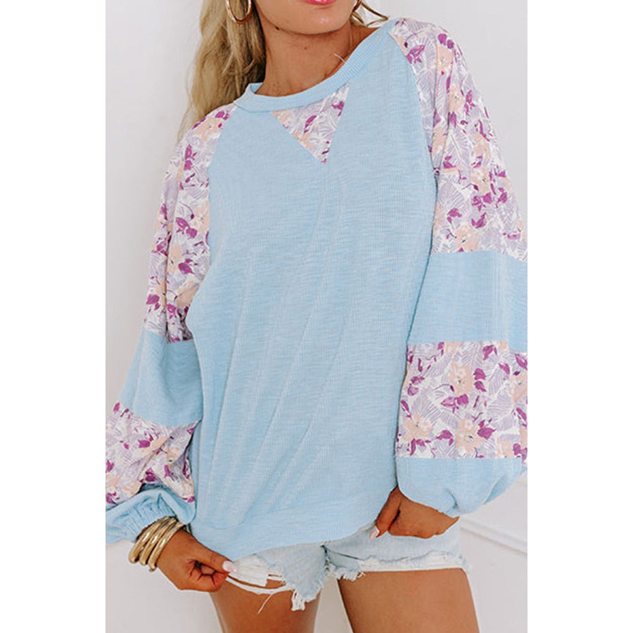 Printed Round Neck Balloon Sleeve Sweatshirt Light Blue / S Apparel and Accessories