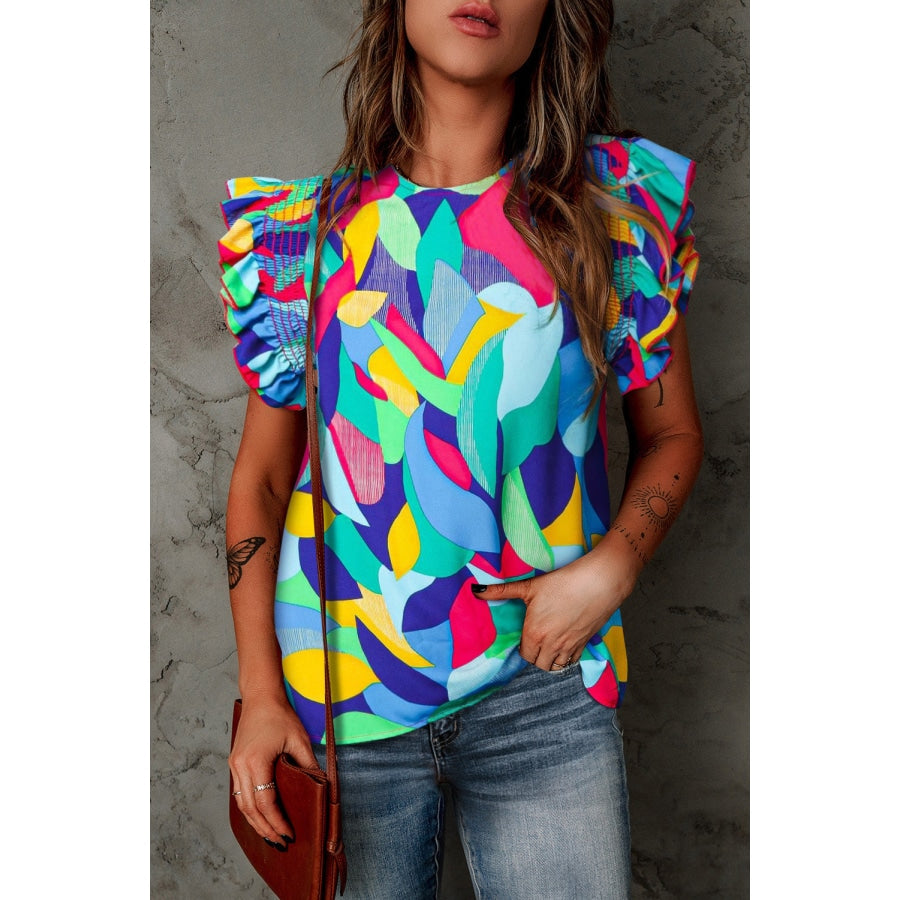 Printed Round Neck Butterfly Sleeve Top Multicolor / S