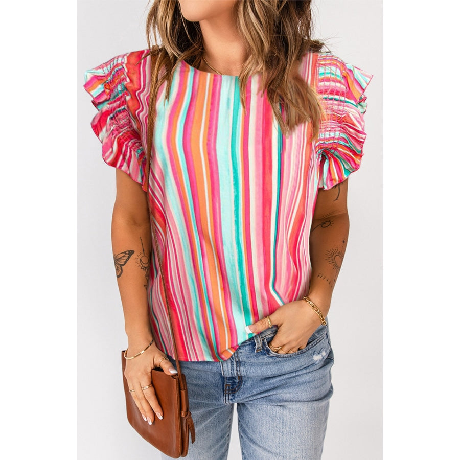 Printed Round Neck Butterfly Sleeve Top Stripe / L