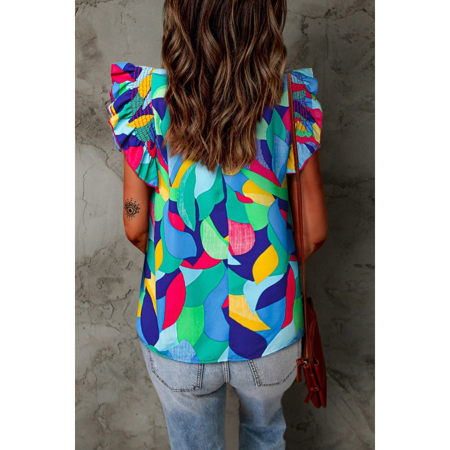 Printed Round Neck Butterfly Sleeve Top Multicolor / S