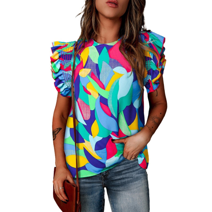 Printed Round Neck Butterfly Sleeve Top