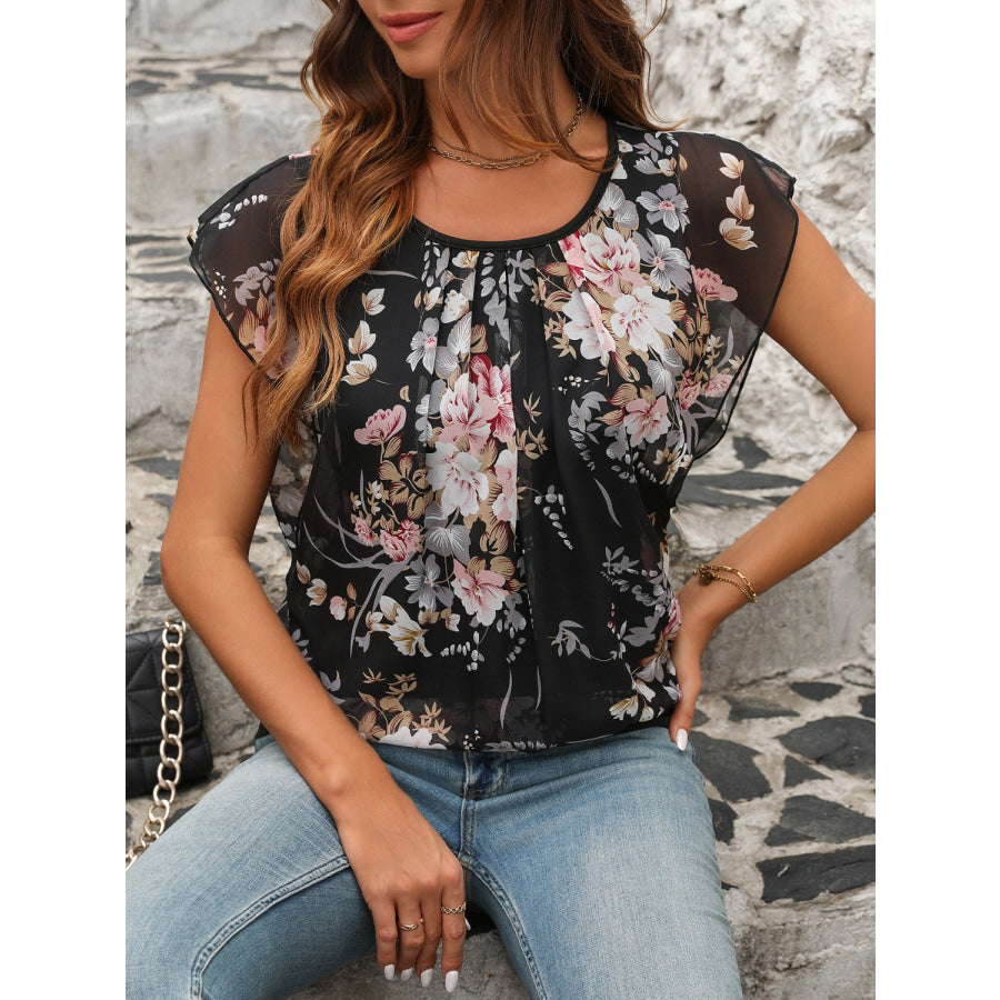 Printed Round Neck Cap Sleeve Blouse Apparel and Accessories