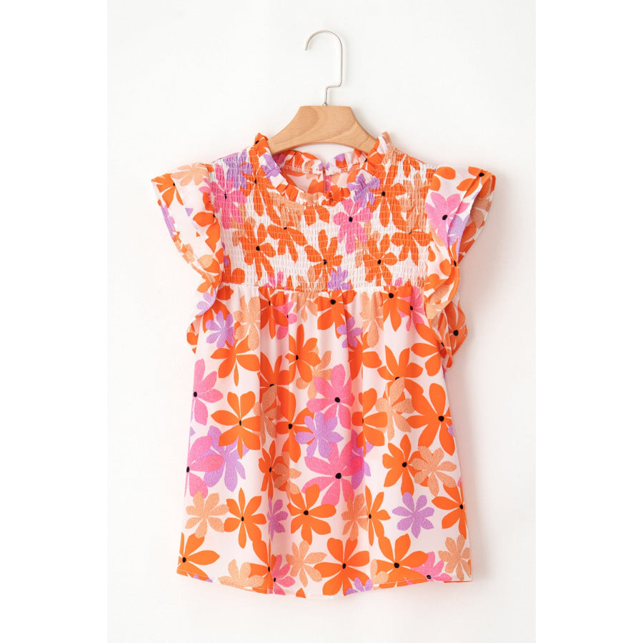 Printed Round Neck Cap Sleeve Blouse Apparel and Accessories