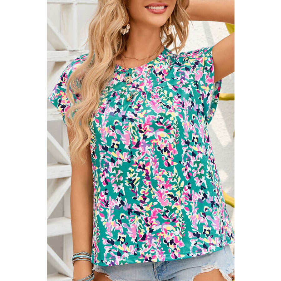 Printed Round Neck Cap Sleeve Blouse Apparel and Accessories