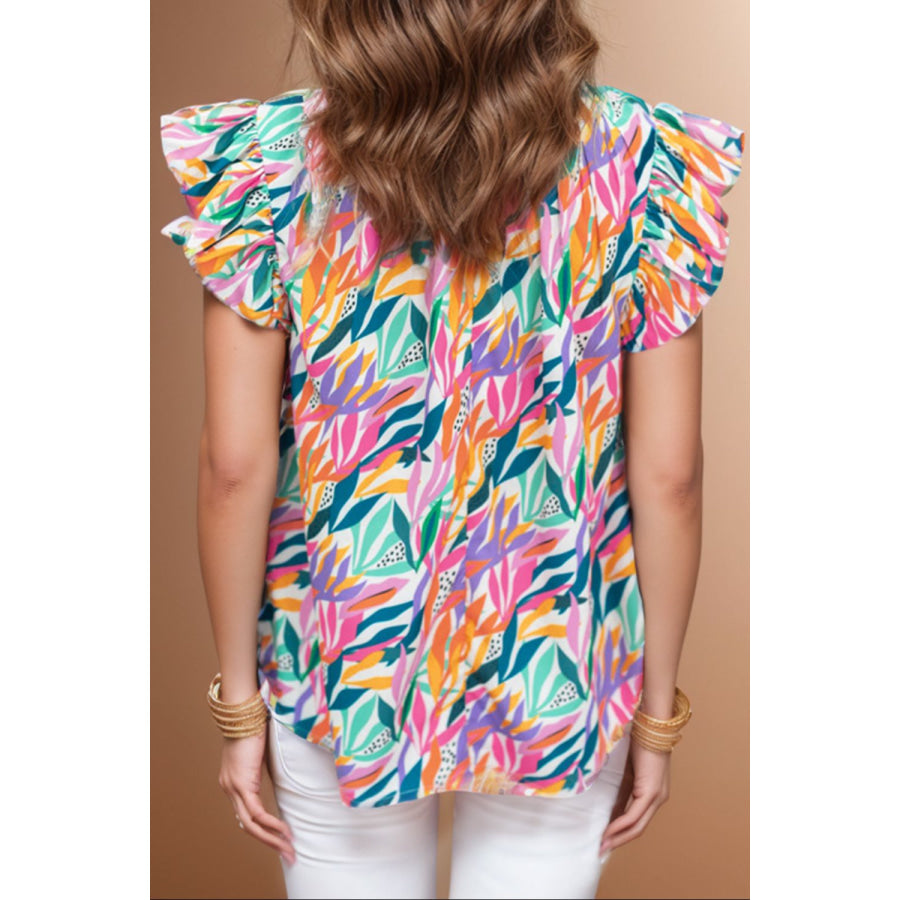 Printed Round Neck Cap Sleeve Blouse Multicolor / S Apparel and Accessories