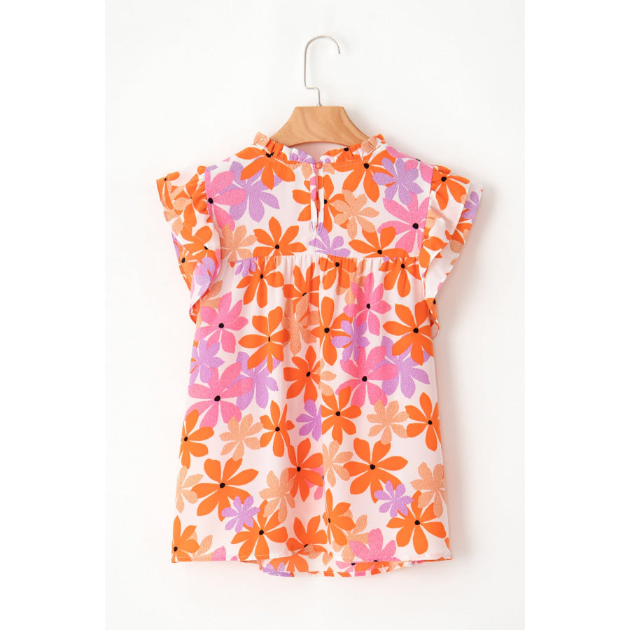 Printed Round Neck Cap Sleeve Blouse Apparel and Accessories