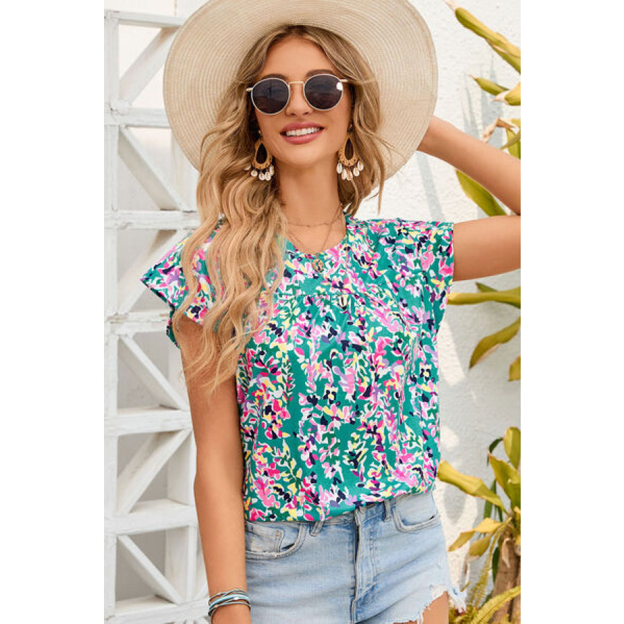 Printed Round Neck Cap Sleeve Blouse Apparel and Accessories