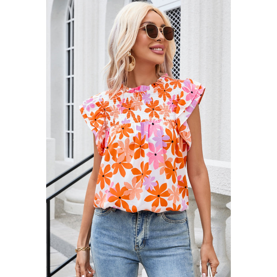 Printed Round Neck Cap Sleeve Blouse Apparel and Accessories