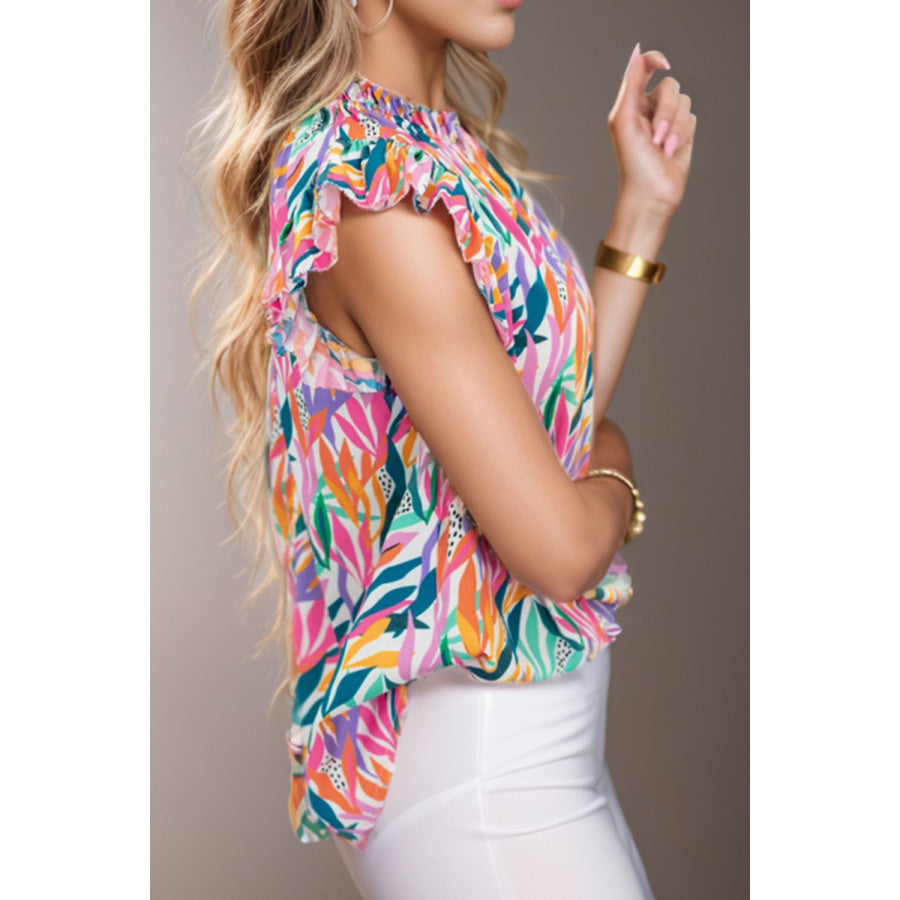 Printed Round Neck Cap Sleeve Blouse Apparel and Accessories