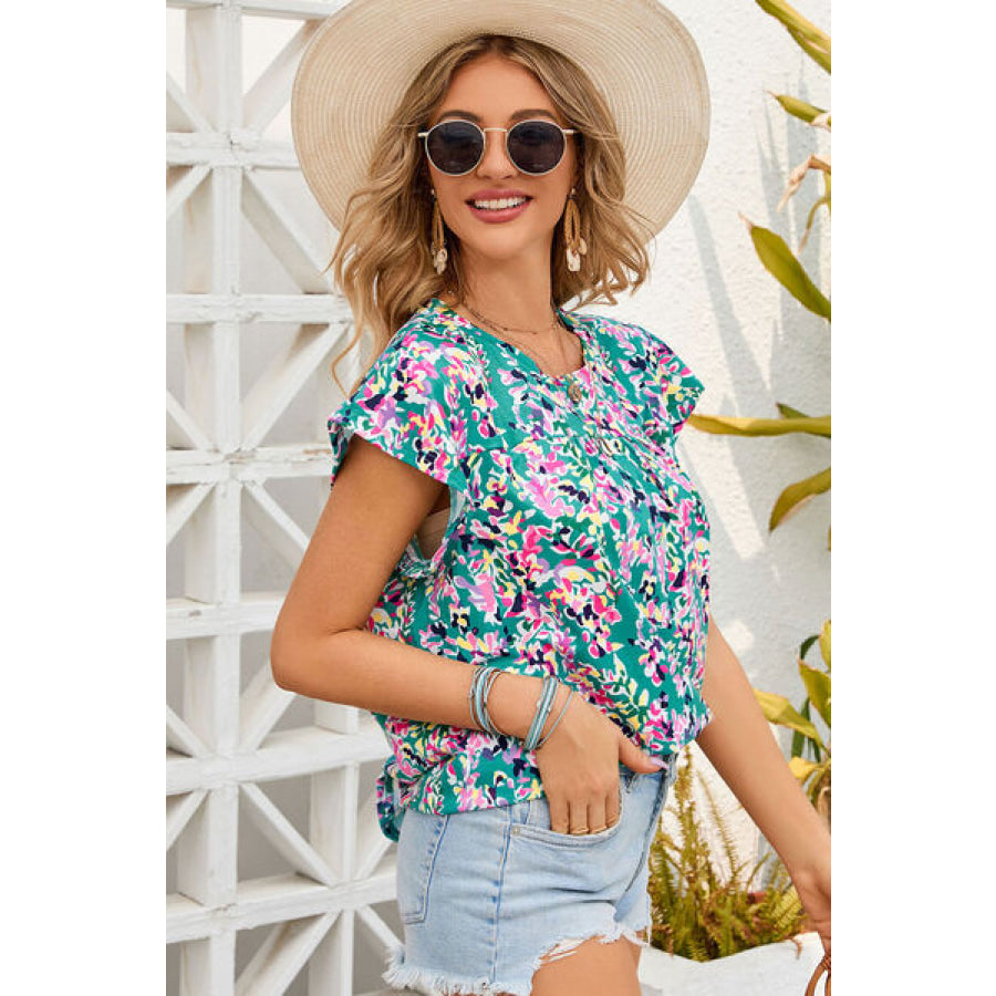 Printed Round Neck Cap Sleeve Blouse Apparel and Accessories