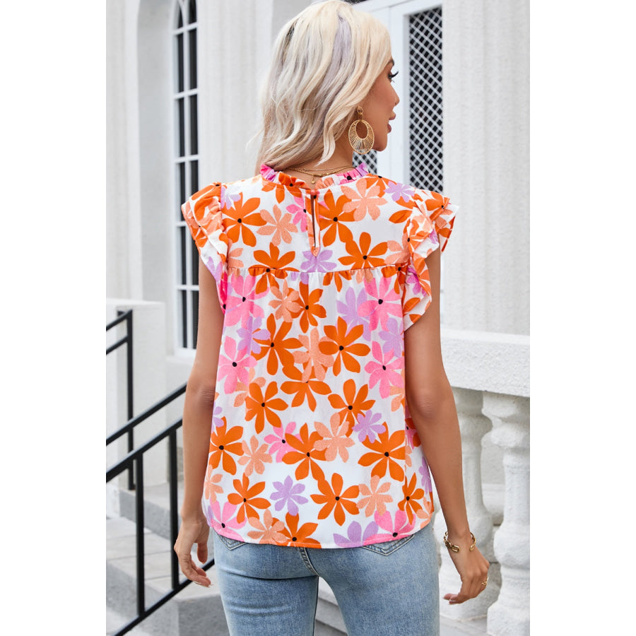 Printed Round Neck Cap Sleeve Blouse Apparel and Accessories