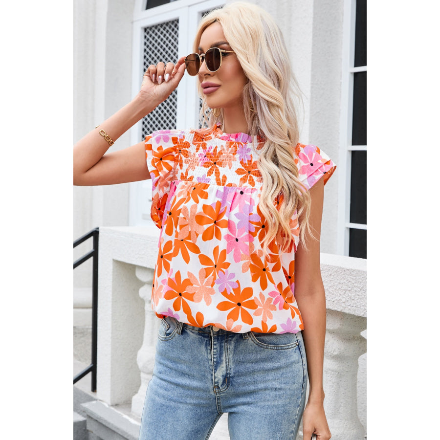 Printed Round Neck Cap Sleeve Blouse Multicolor / S Apparel and Accessories