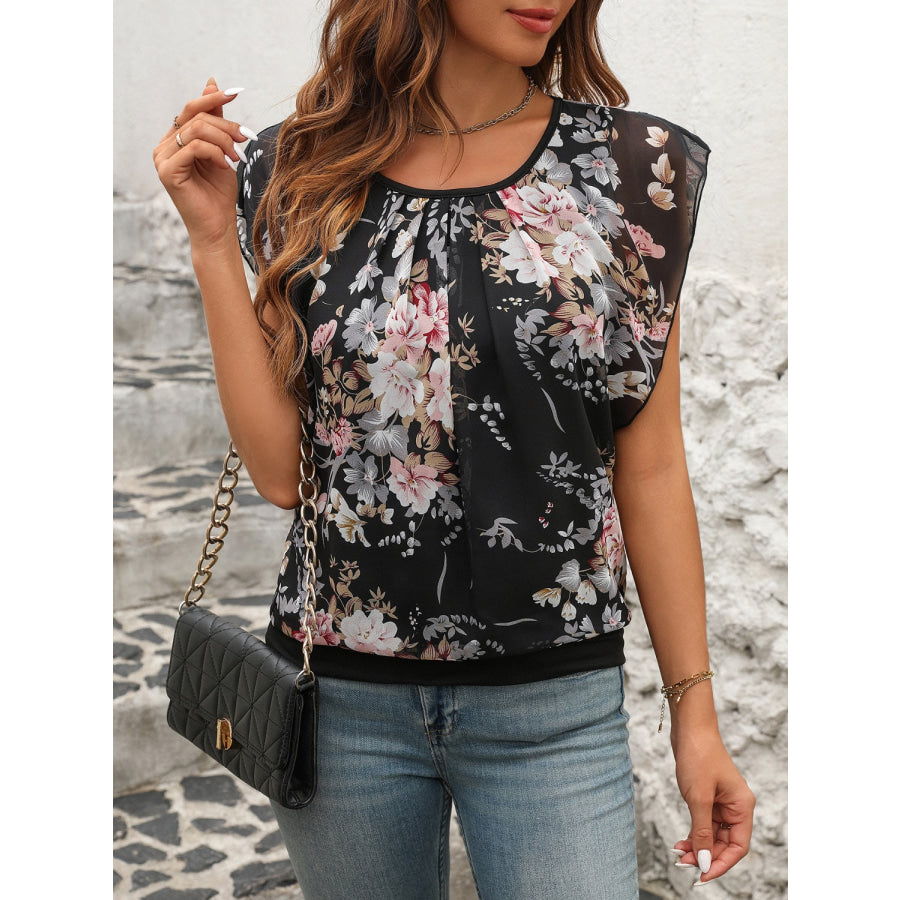 Printed Round Neck Cap Sleeve Blouse Apparel and Accessories