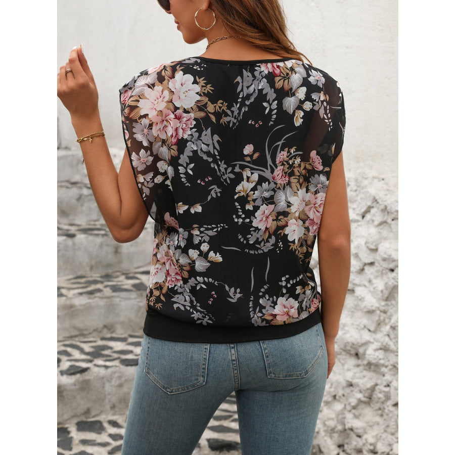 Printed Round Neck Cap Sleeve Blouse Apparel and Accessories