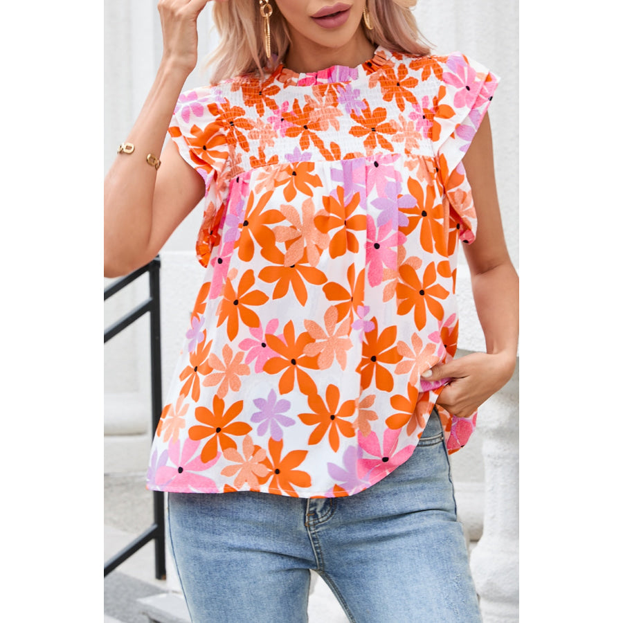 Printed Round Neck Cap Sleeve Blouse Multicolor / S Apparel and Accessories