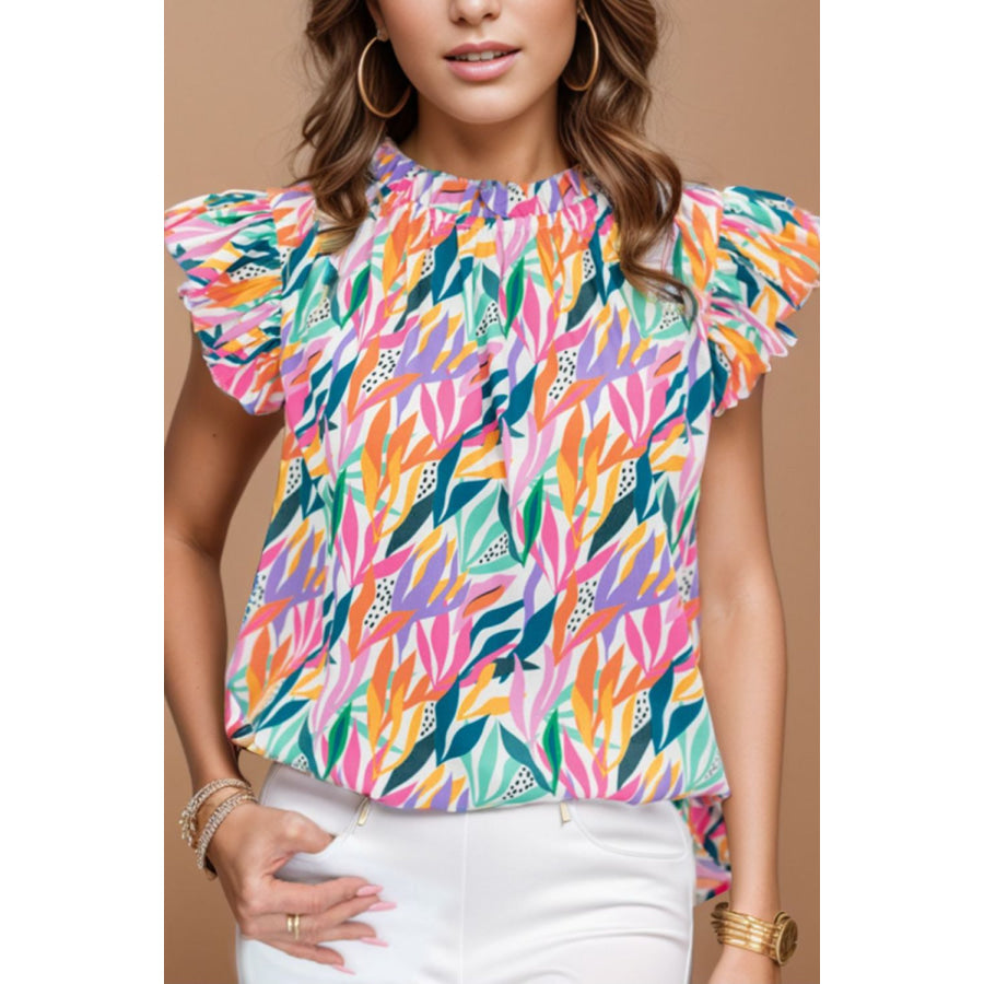 Printed Round Neck Cap Sleeve Blouse Multicolor / S Apparel and Accessories