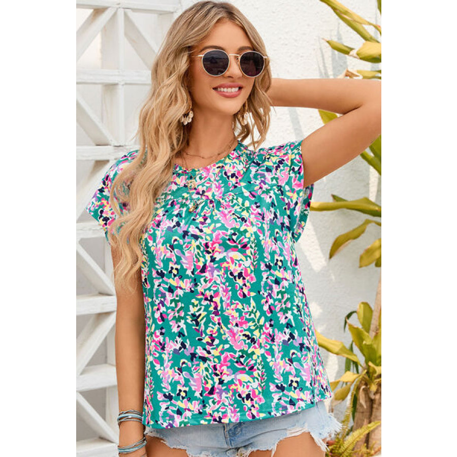 Printed Round Neck Cap Sleeve Blouse Teal / S Apparel and Accessories