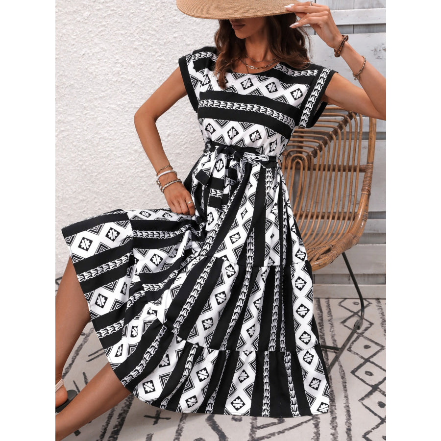 Printed Round Neck Cap Sleeve Dress Apparel and Accessories