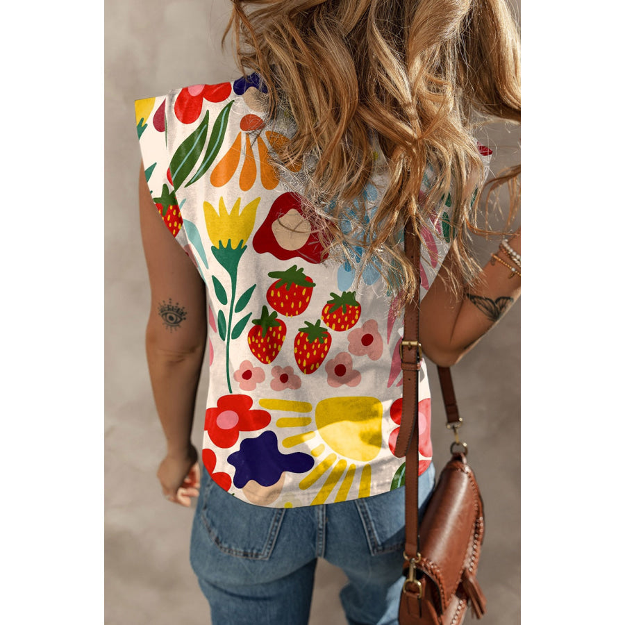 Printed Round Neck Cap Sleeve T-Shirt Apparel and Accessories