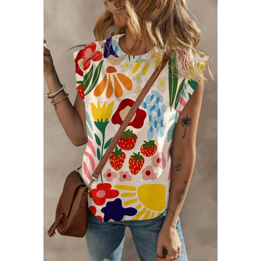 Printed Round Neck Cap Sleeve T-Shirt Floral / S Apparel and Accessories