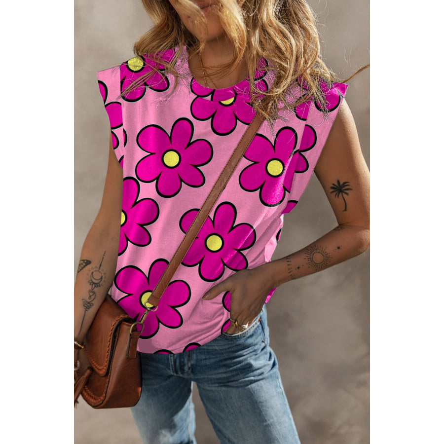 Printed Round Neck Cap Sleeve T-Shirt Floral / S Apparel and Accessories