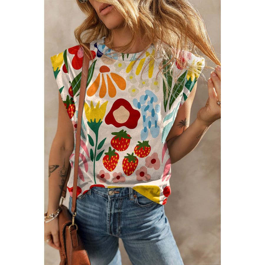 Printed Round Neck Cap Sleeve T-Shirt Floral / S Apparel and Accessories