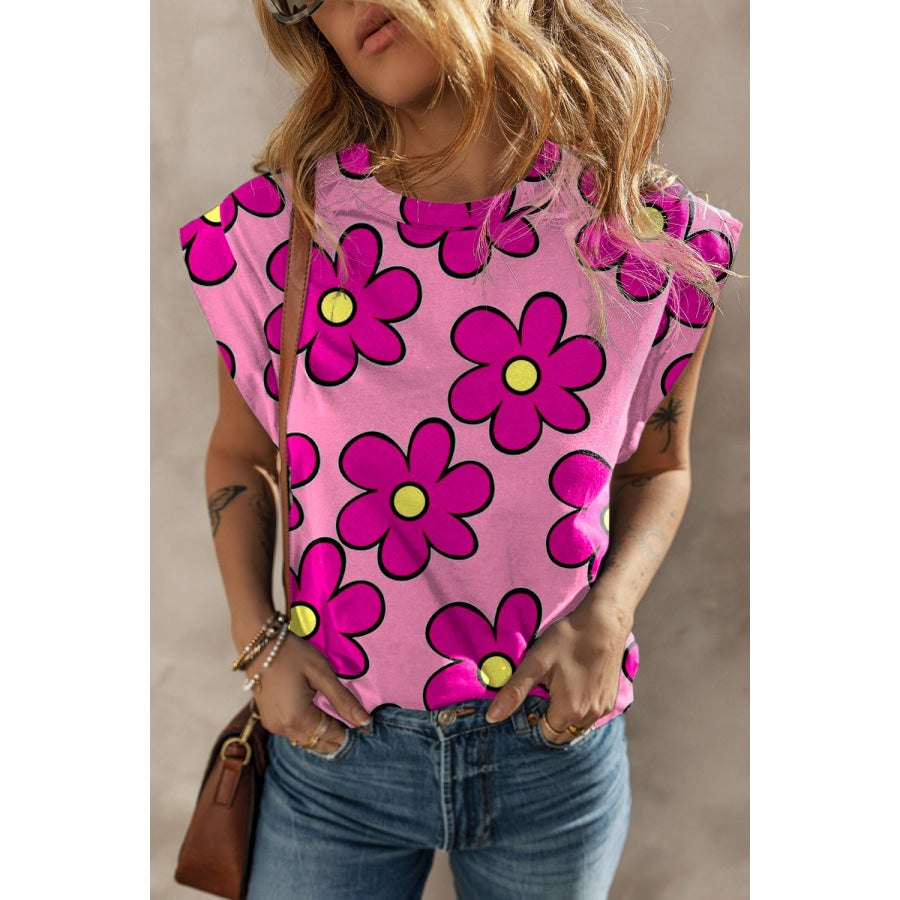 Printed Round Neck Cap Sleeve T-Shirt Floral / S Apparel and Accessories