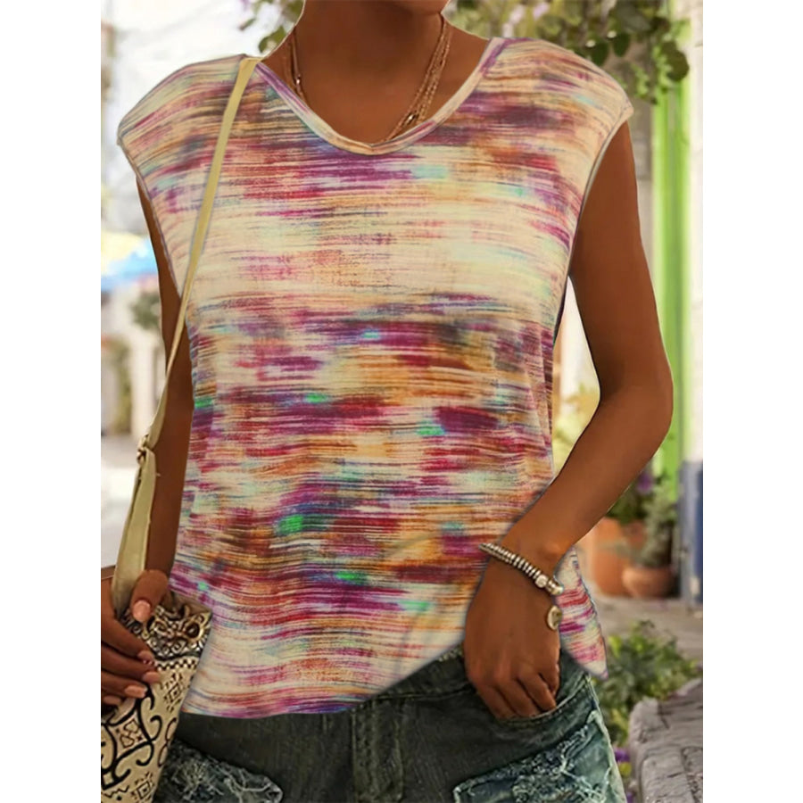 Printed Round Neck Cap Sleeve Top Multicolor / S Apparel and Accessories