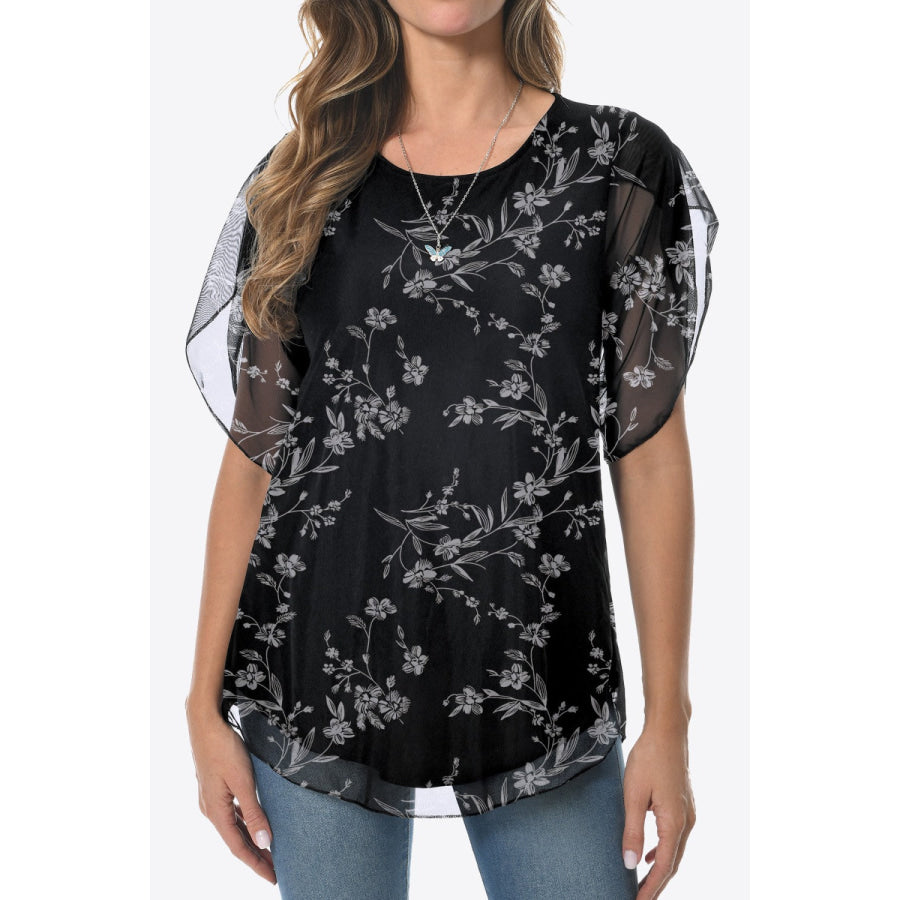 Printed Round Neck Curved Hem Blouse Black/Floral / M