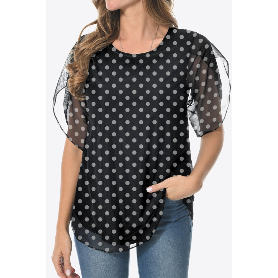 Printed Round Neck Curved Hem Blouse Black / M