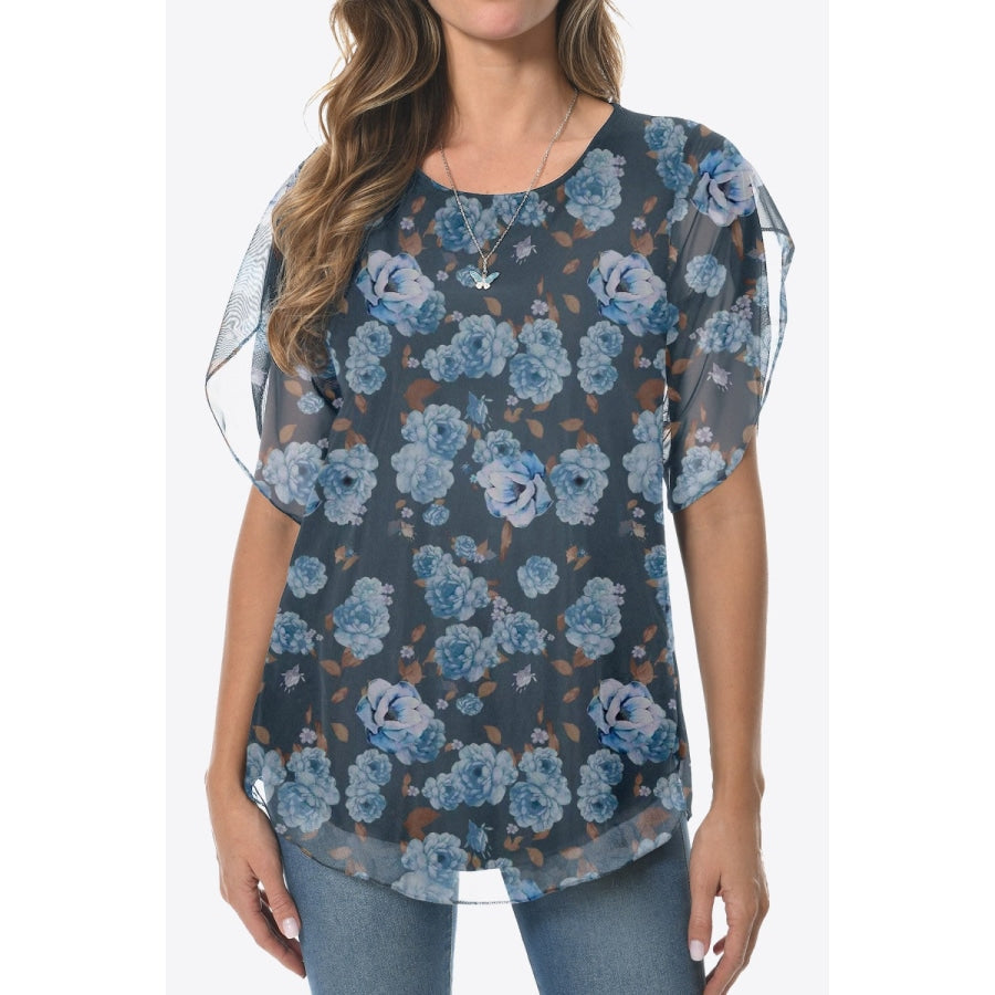 Printed Round Neck Curved Hem Blouse Dusty Blue / M