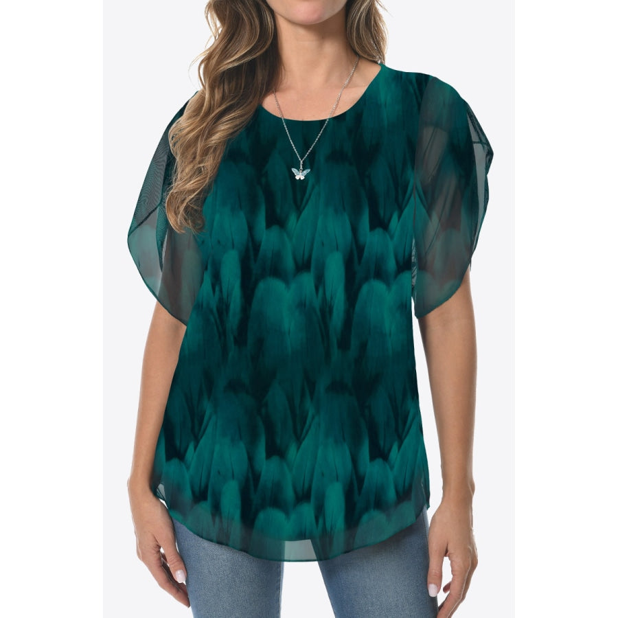 Printed Round Neck Curved Hem Blouse Teal / M