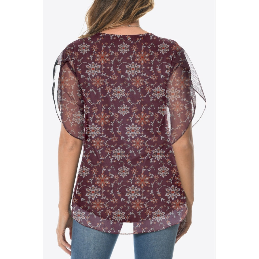 Printed Round Neck Curved Hem Blouse