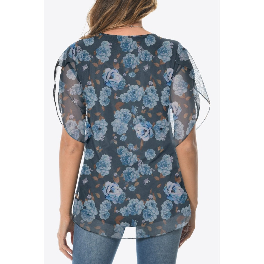 Printed Round Neck Curved Hem Blouse