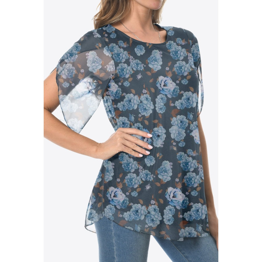 Printed Round Neck Curved Hem Blouse