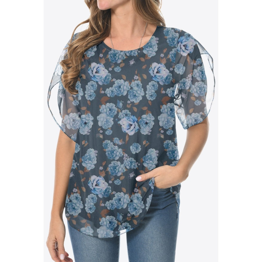 Printed Round Neck Curved Hem Blouse