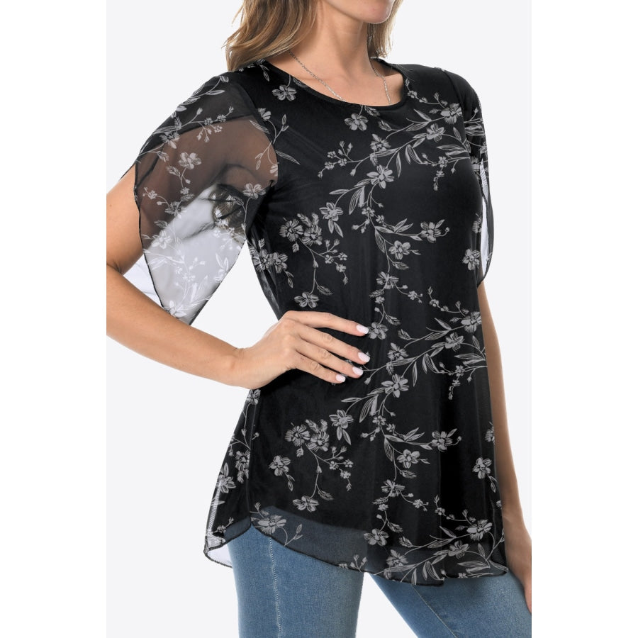 Printed Round Neck Curved Hem Blouse