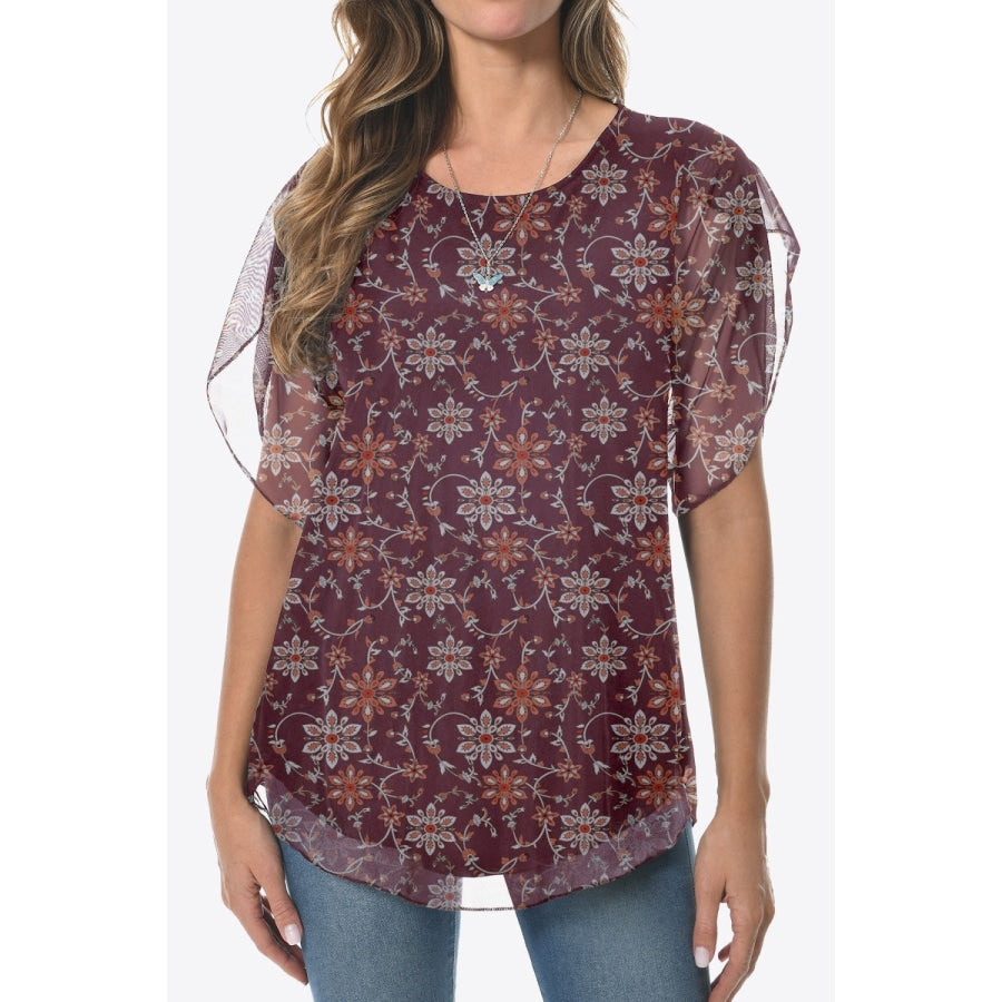 Printed Round Neck Curved Hem Blouse