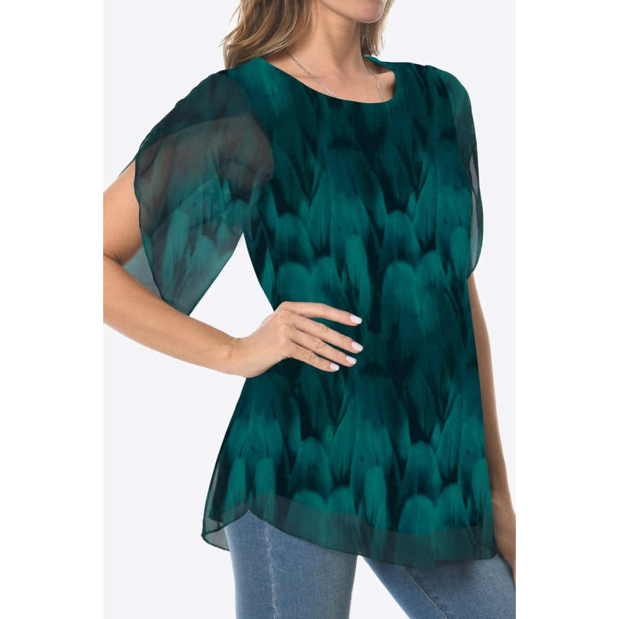 Printed Round Neck Curved Hem Blouse