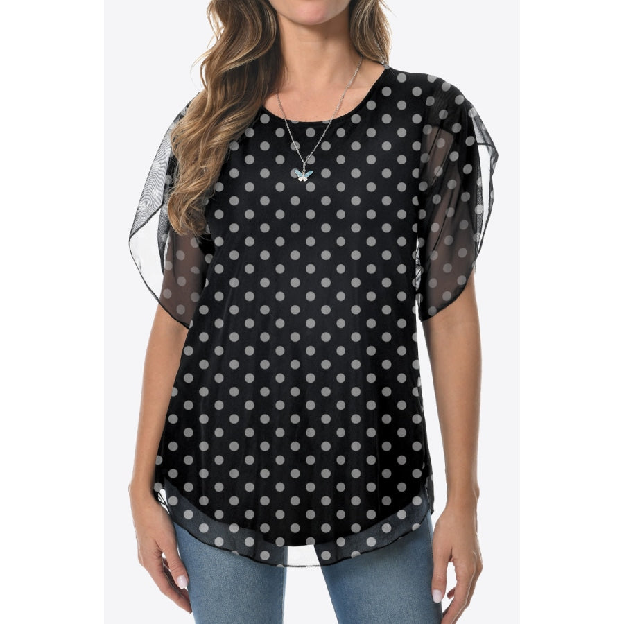 Printed Round Neck Curved Hem Blouse