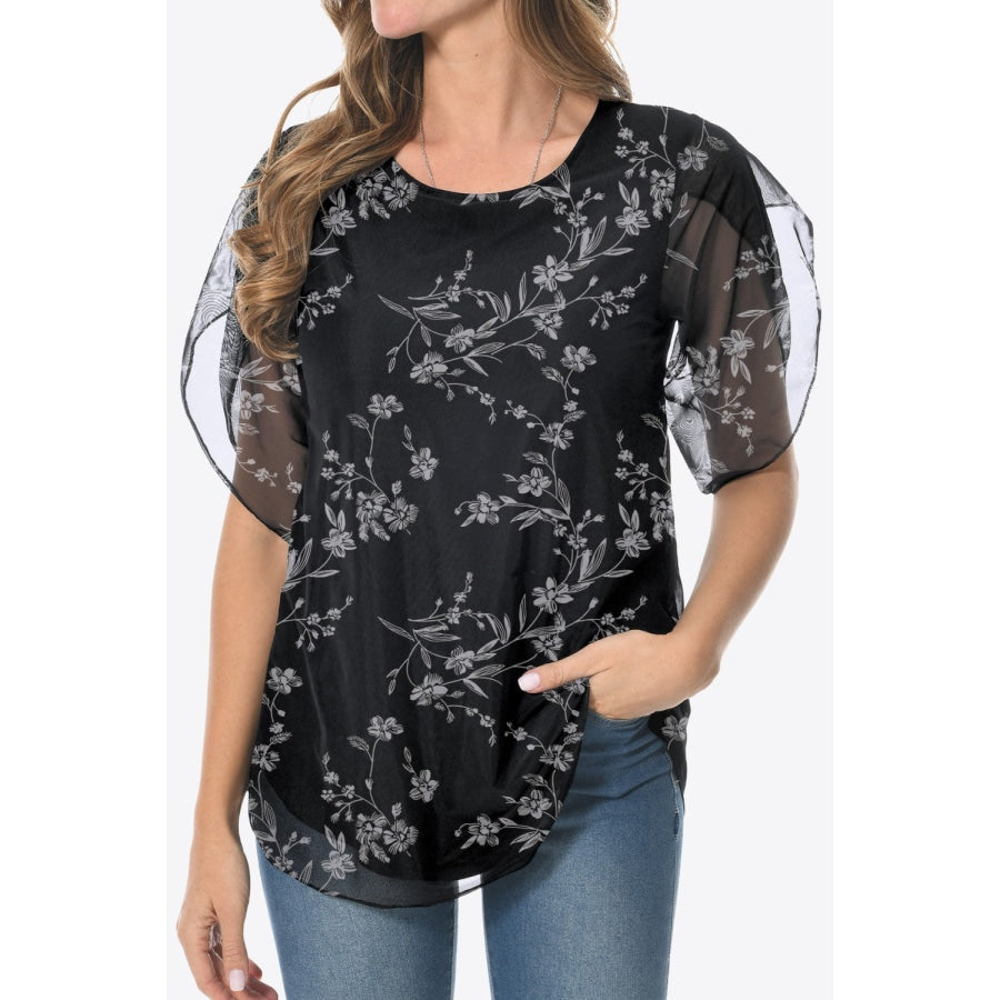 Printed Round Neck Curved Hem Blouse