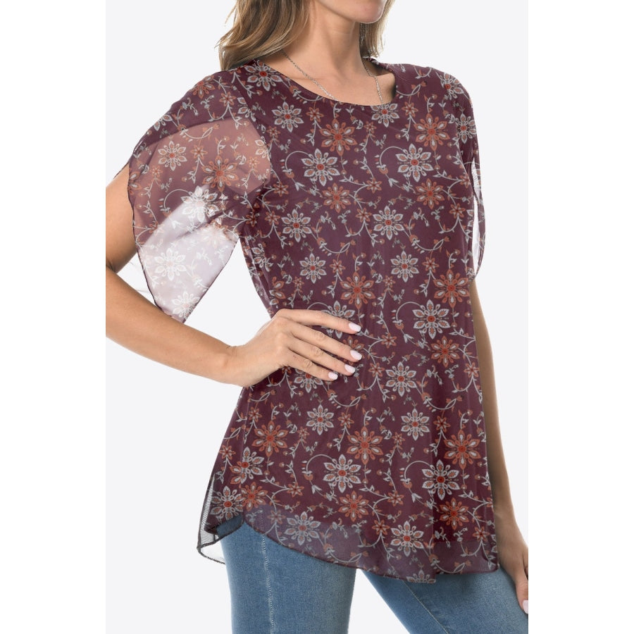 Printed Round Neck Curved Hem Blouse