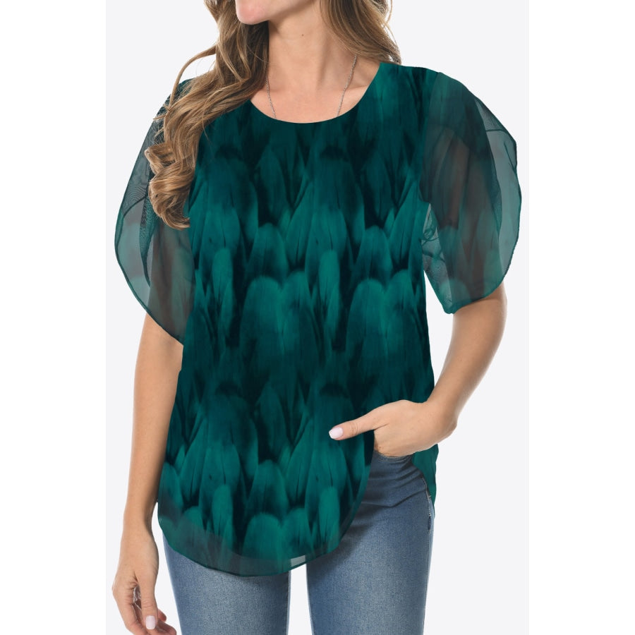 Printed Round Neck Curved Hem Blouse