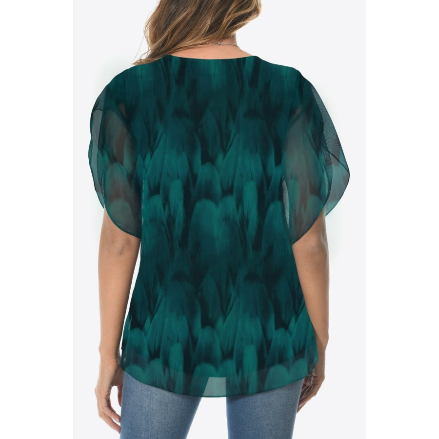 Printed Round Neck Curved Hem Blouse