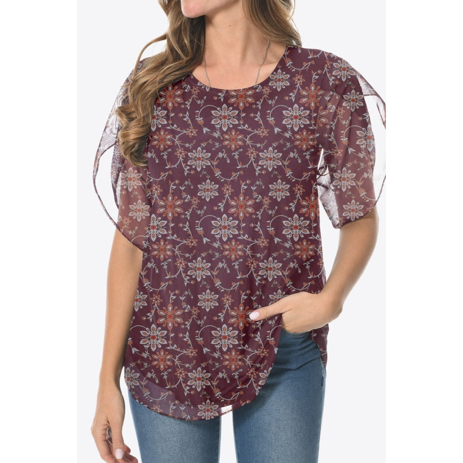 Printed Round Neck Curved Hem Blouse Wine / M