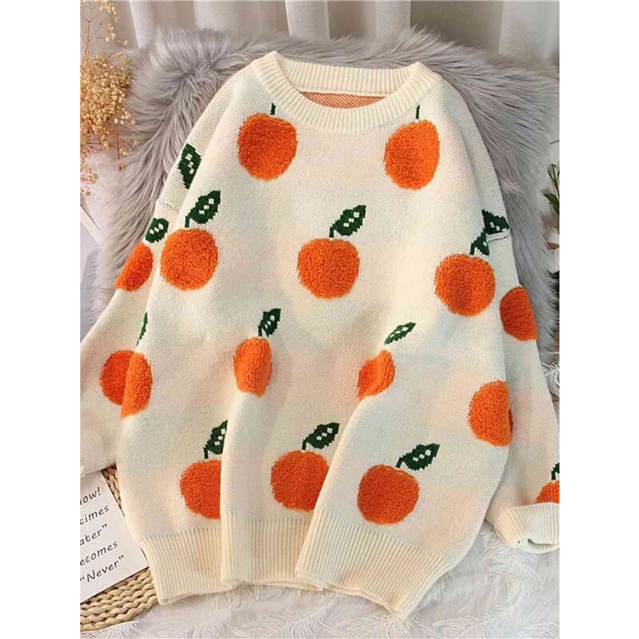 Printed Round Neck Drop Shoulder Sweater Cream / S