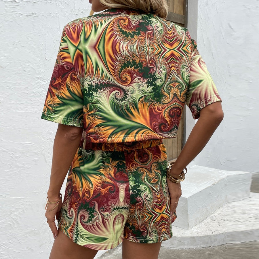 Printed Round Neck Dropped Shoulder Half Sleeve Top and Shorts Set Multicolor / S